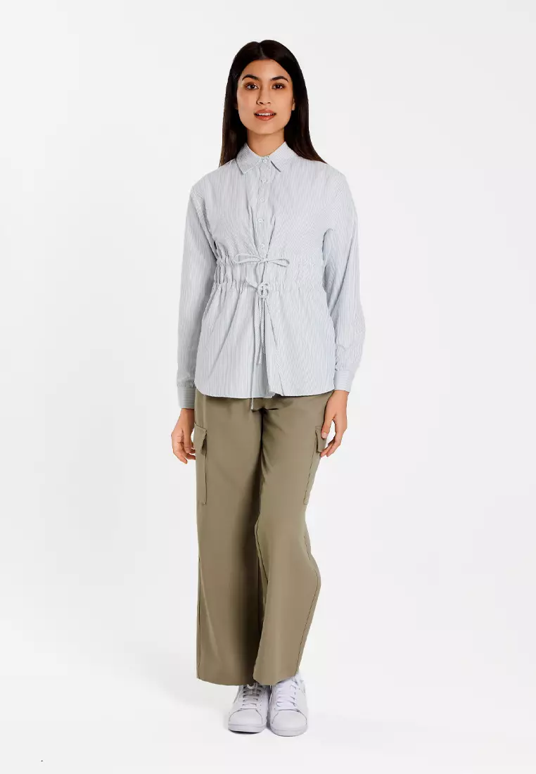 Forest Ladies Poly Cotton Striped Ribbon Shirt Women Long Sleeve Shirt | Baju Kemeja Perempuan - 822509