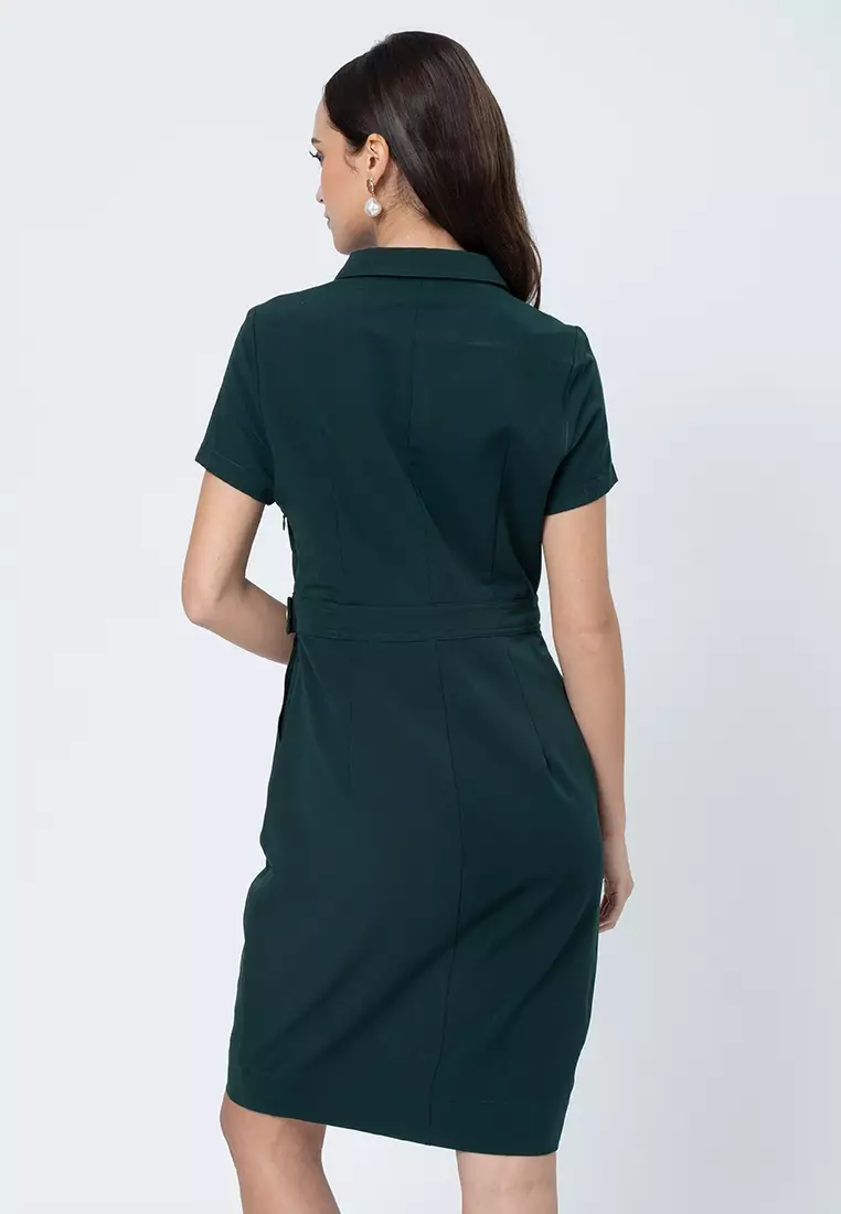 Maire Shift Dress with Structured Wrap Skirt Detail and D-Ring Accent