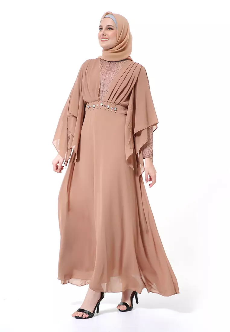 Khusnul Dress Ceruty Muslimah Long Sleeve Motif Polos High Quality Premium - Mocha