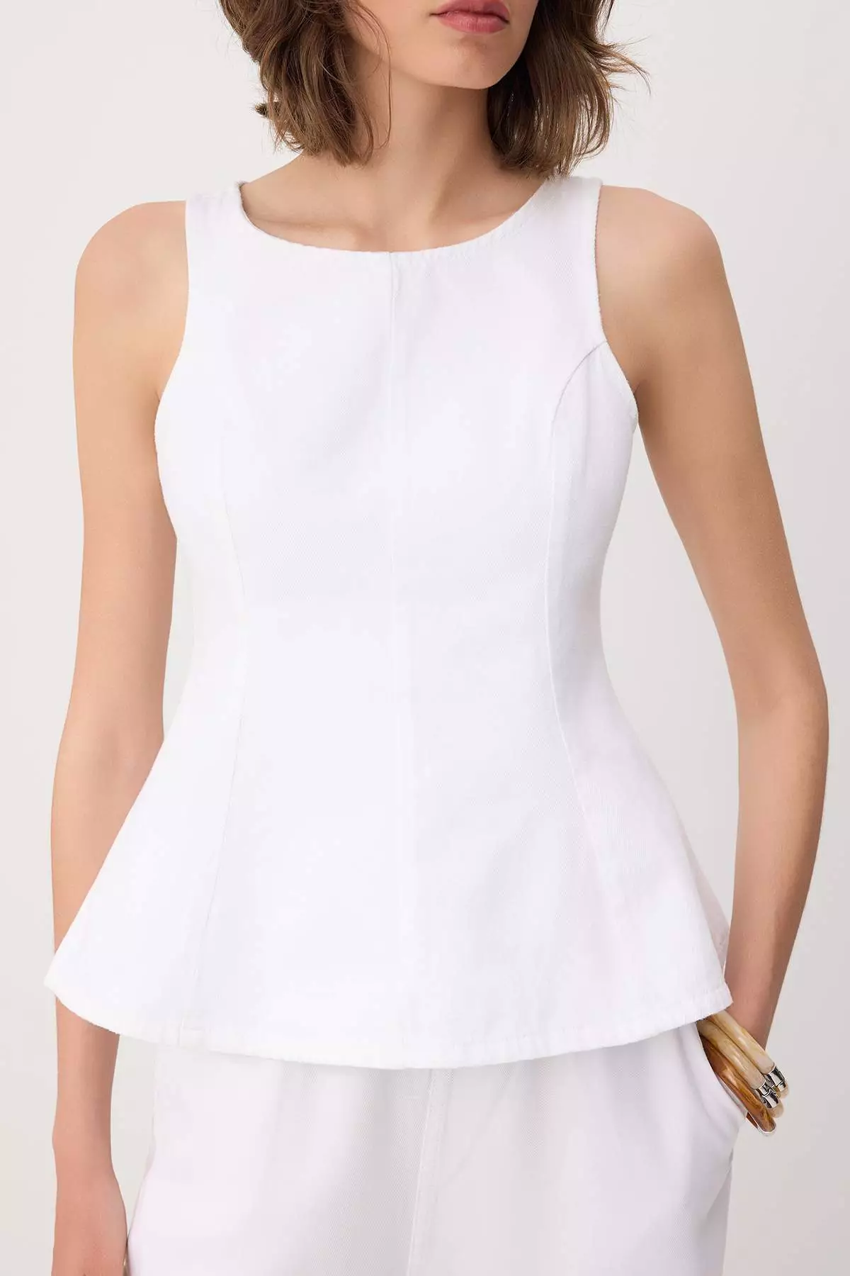 White Strap Peplum 1% Cotton Denim Blouse Twoss26Bz196