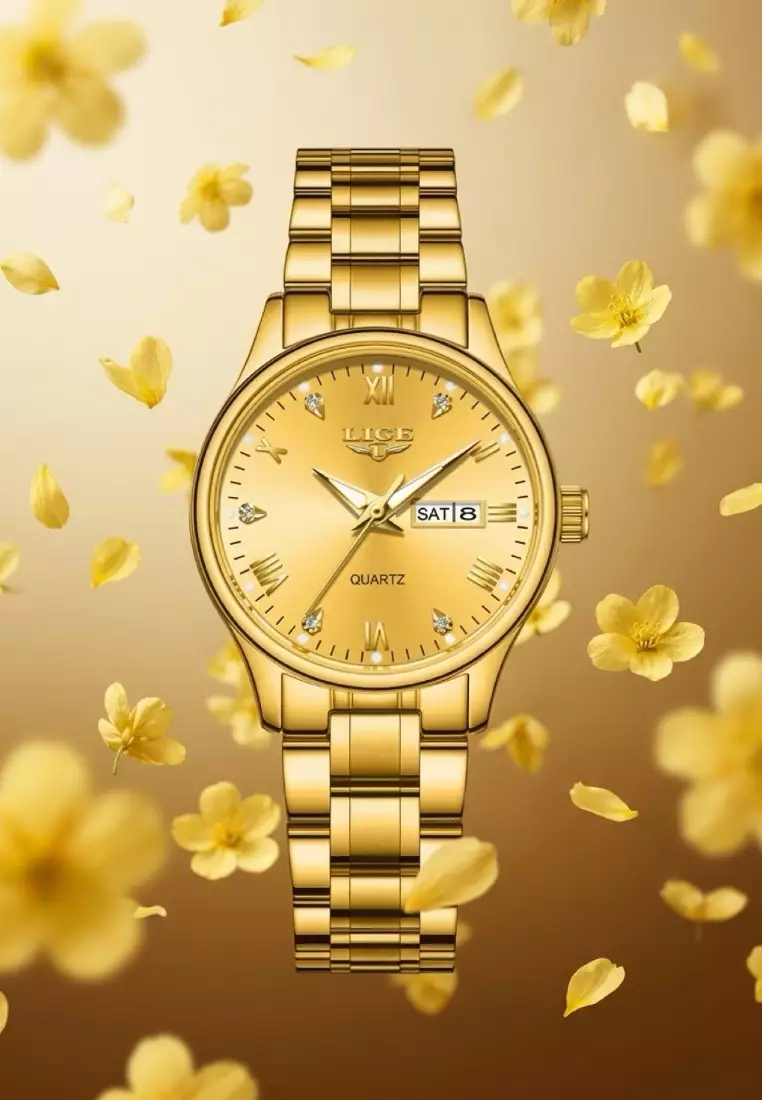 Ladies Day/Date Light Metal Alloy Quartz Watch, 29mm Diameter, Stainless Steel Bracelet