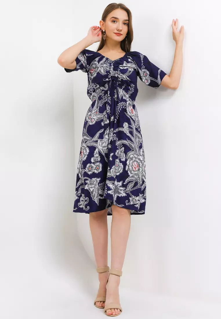 Dress Baju Batik Wanita Abigail Navy Lengan Pendek