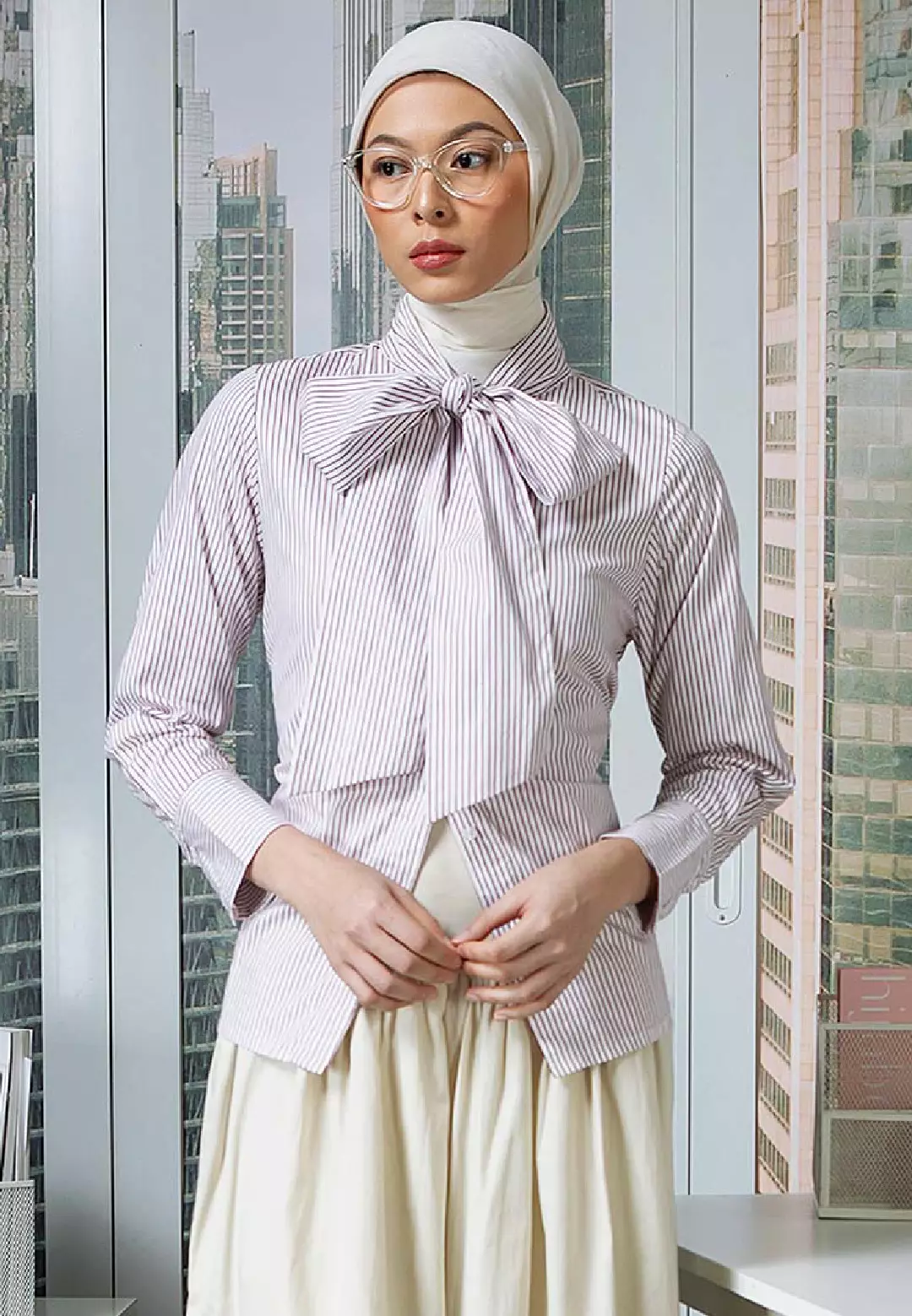 HijabChic Celva Red Top - Kemeja Stripe Cotton Kerah Tali Timeless