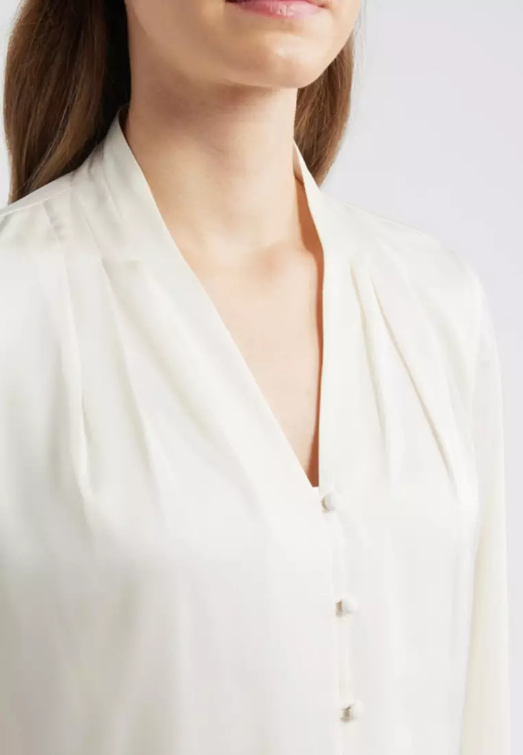 Pleat Front V-Neck Button-Up Shirt