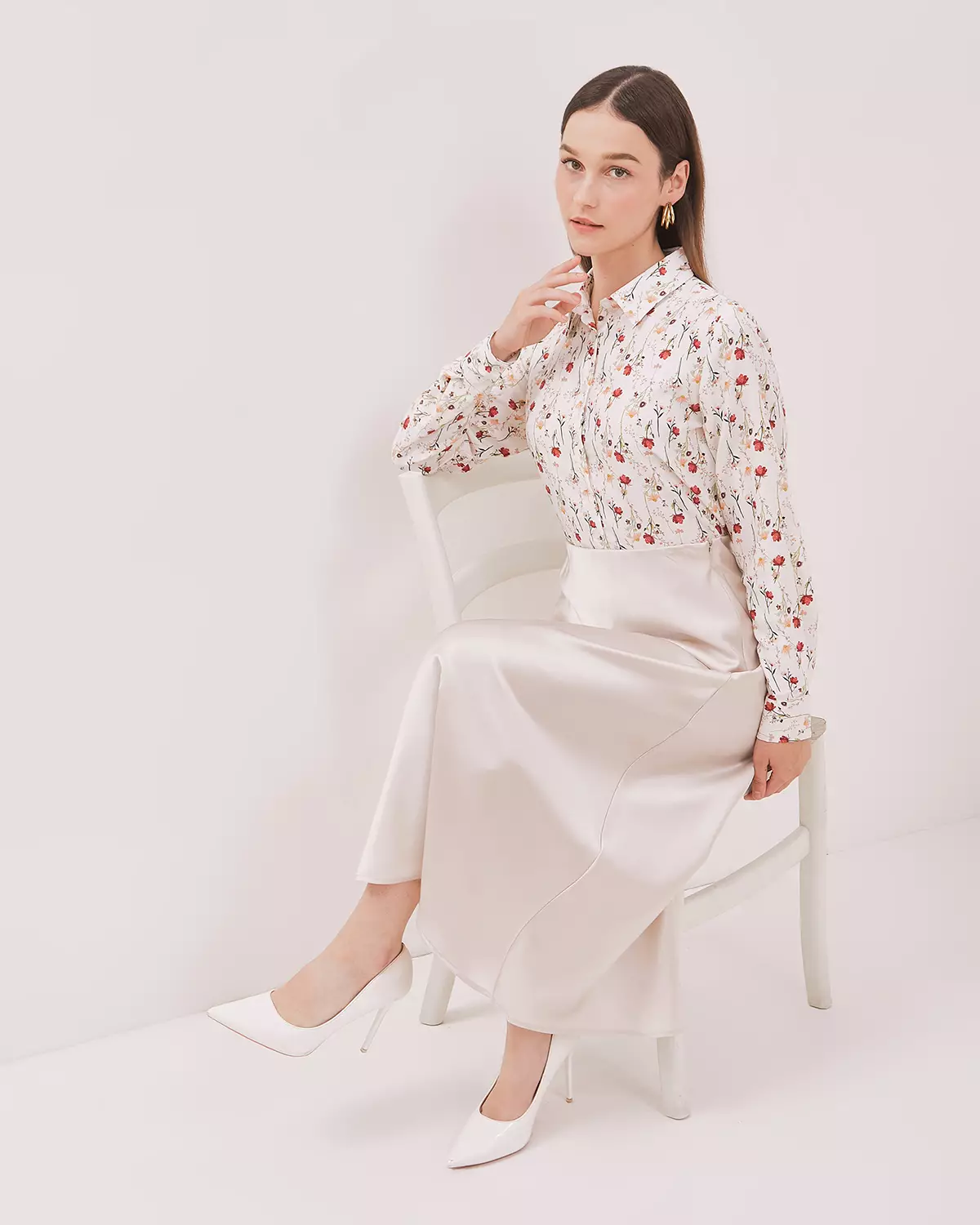 WOMEN'S WHITE FLORAL LONG SHIRT