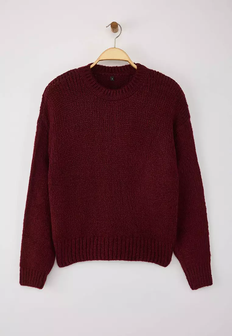 Burgundy Wide Fit Soft Textured Basic Knitwear Sweater