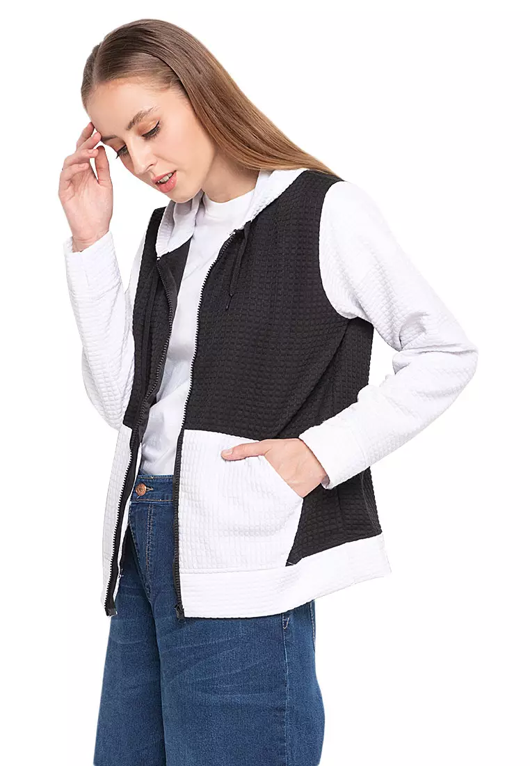 Hernie Long Hoodie Dual Tone Color Lengan Panjang Outerwear Atasan Wanita - Hitam