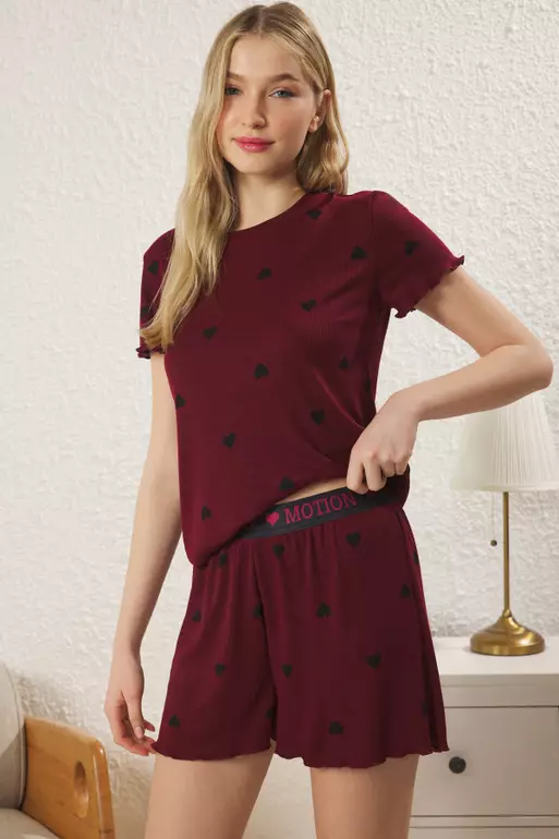 Burgundy Heart Slogan Printed Elastic Ribbed Shorts Knitted Pajama Set