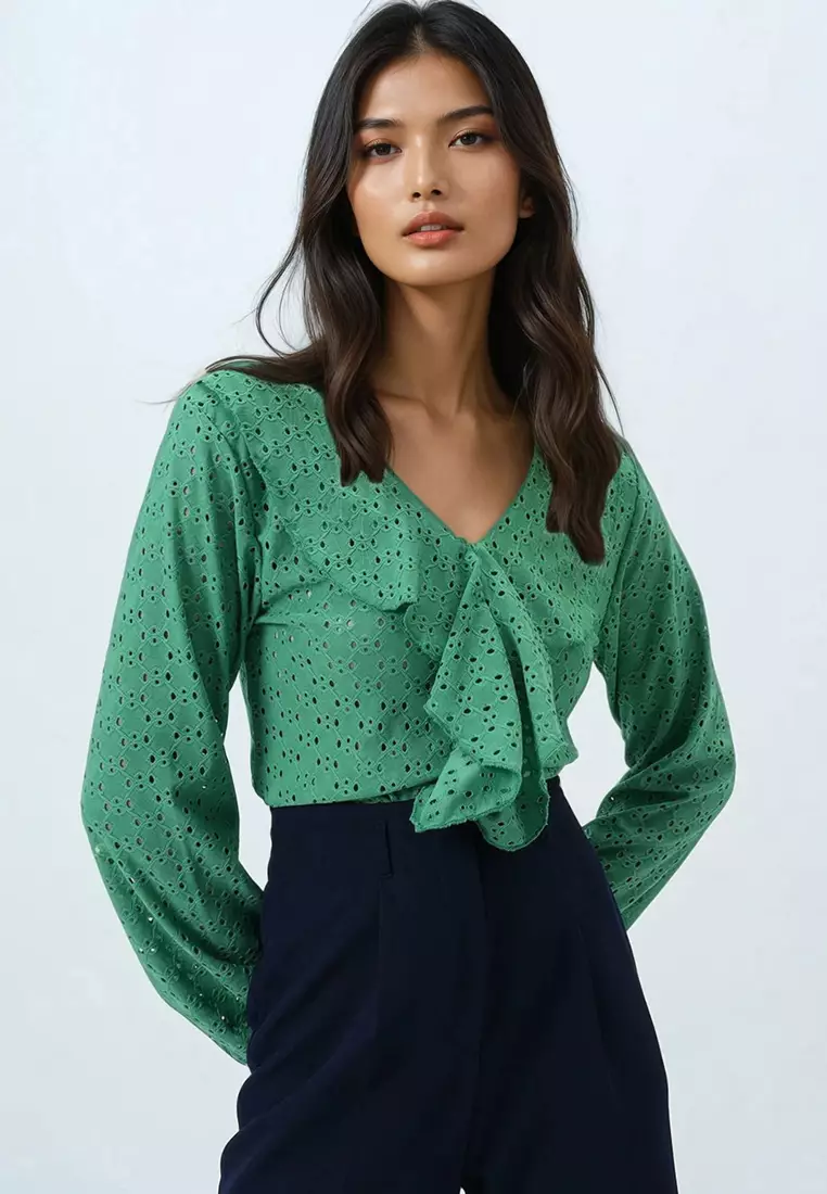 V-Neck Ruffle Front Blouse