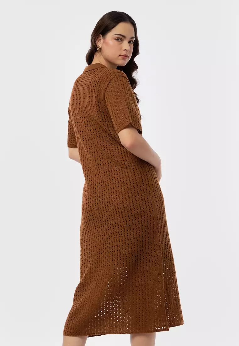 V-Neck Short Sleeve Midi Dress BROWN