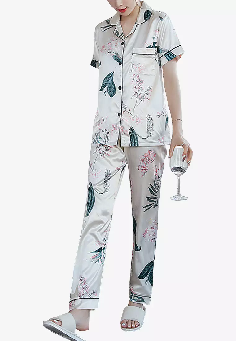 Womens Pajama Set Comfy Lapel Long Sleeve Imitation Silk Button