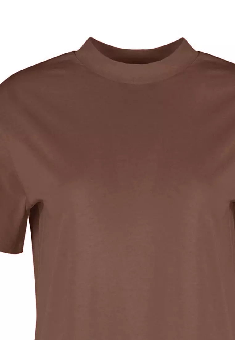 Light Brown 100% Cotton Basic Regular/Normal Pattern Stand Collar Knitted T-Shirt TWOAW20TS0096