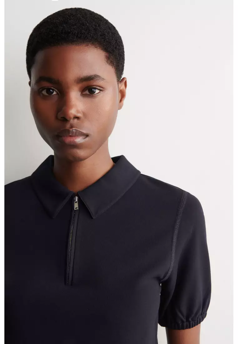 GATHERED JERSEY ZIPPED POLO TOP