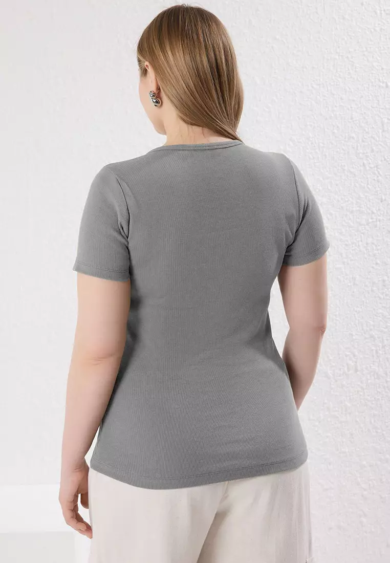 Grey Button Detail Fitted Corduroy Knitted Plus Size Blouse TBBSS25AF00060