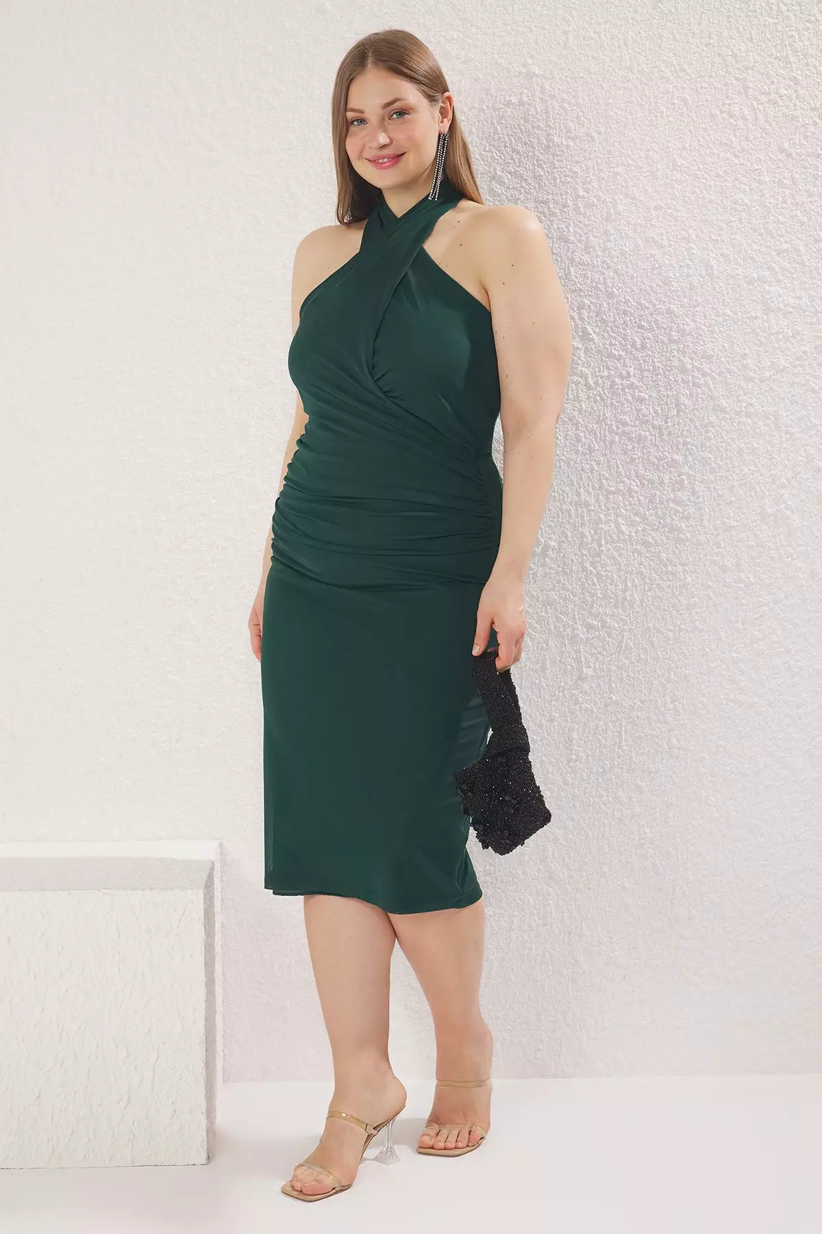 Plum Cowl Neck Knitted Plus Size Tulle Dress TBBSS25AH00011