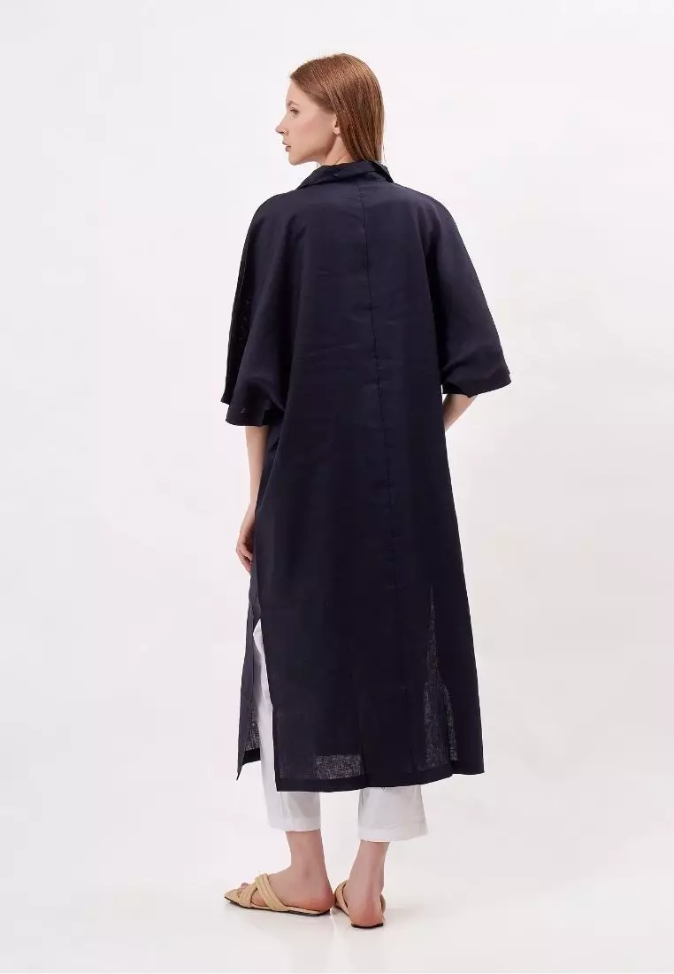 Kemer Dress Kaftan Linen Wanita Blue Black | Linen Kaftan Dress Women Blue Black