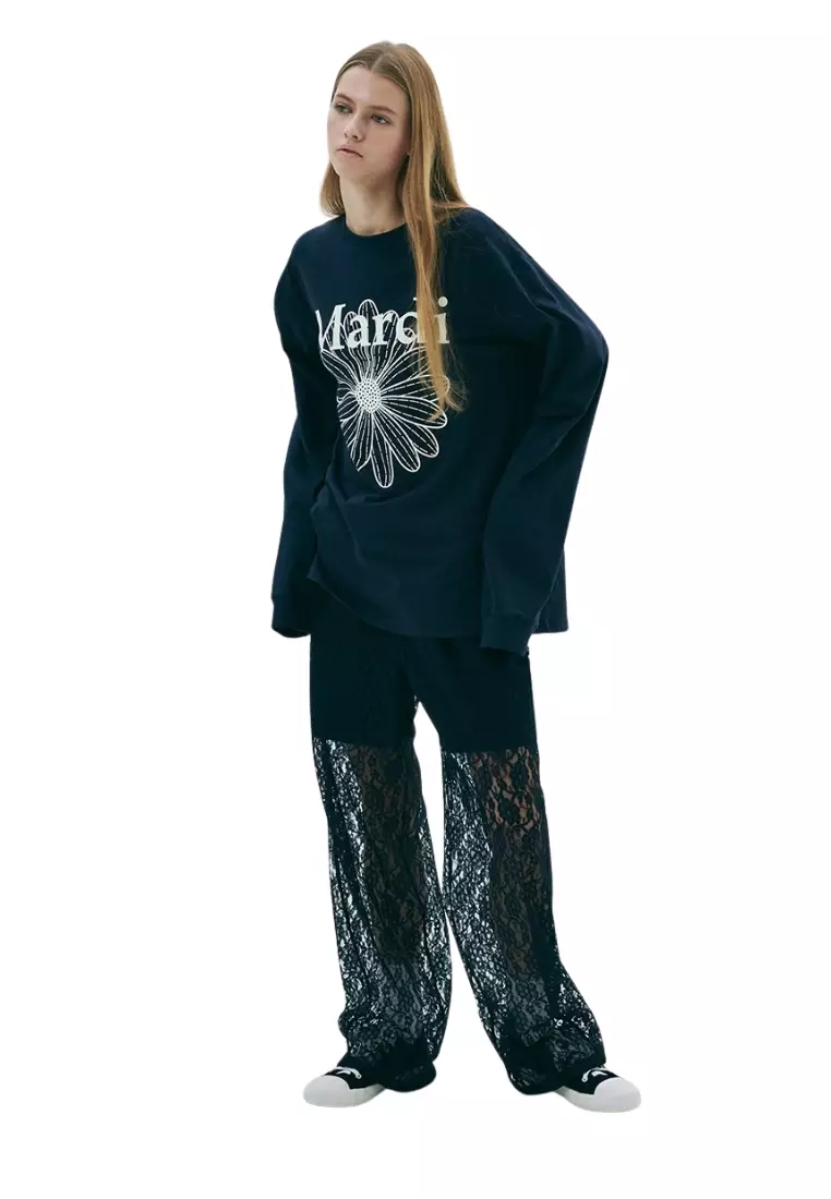 Unisex Tshirt Long Sleeve Flowermardi - Navy Ivory