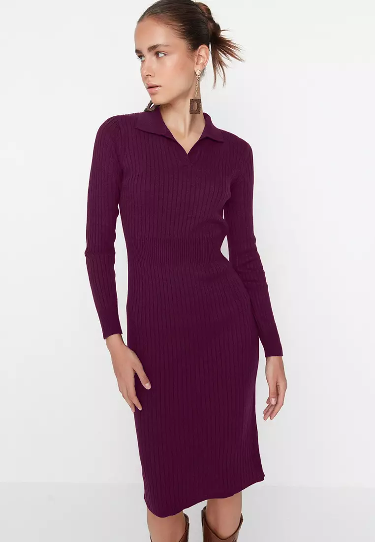 Plum Midi Knitwear Polo Collar Dress