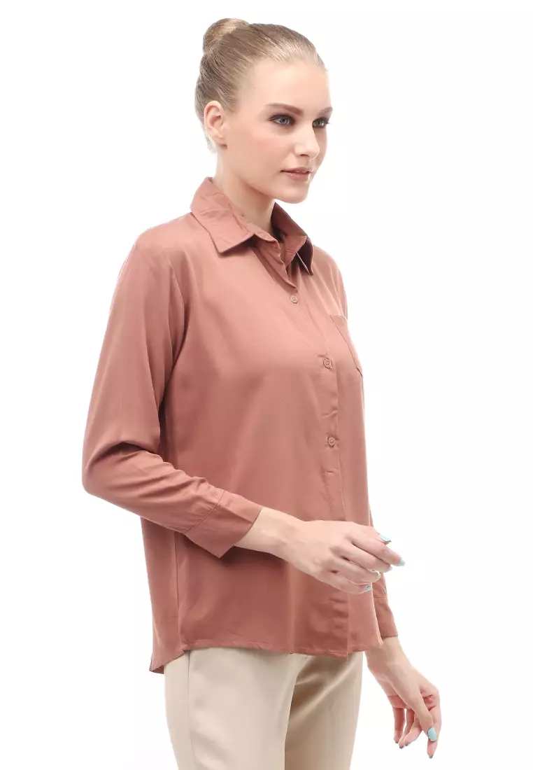 Arcade Atasan Wanita Long Sleeves Kemeja Polos Relaxed Fit - Mocca