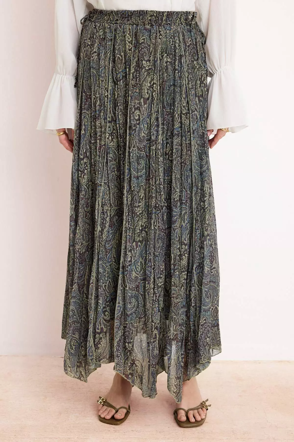 Khaki Chiffon Pleated Lined Ethnic Patterned Maxi Skirt Tctss26Ee00007