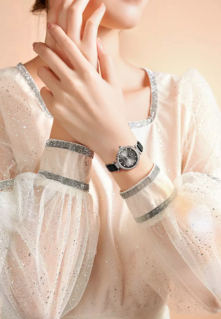 Jam Tangan Wanita Berlian Anggun Anti Air Kuarsa Tali Kulit Gaya Korea Jam Tangan Cewek warna hitam