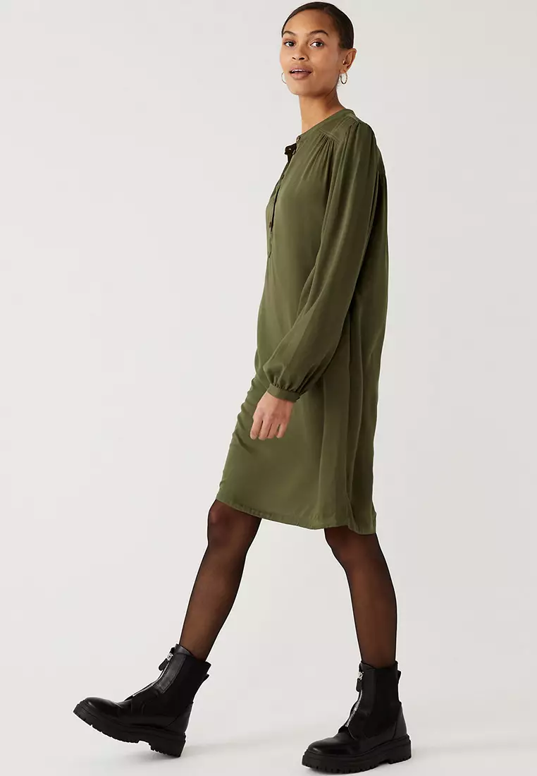 V-Neck Button Front Knee Length Shift Dress
