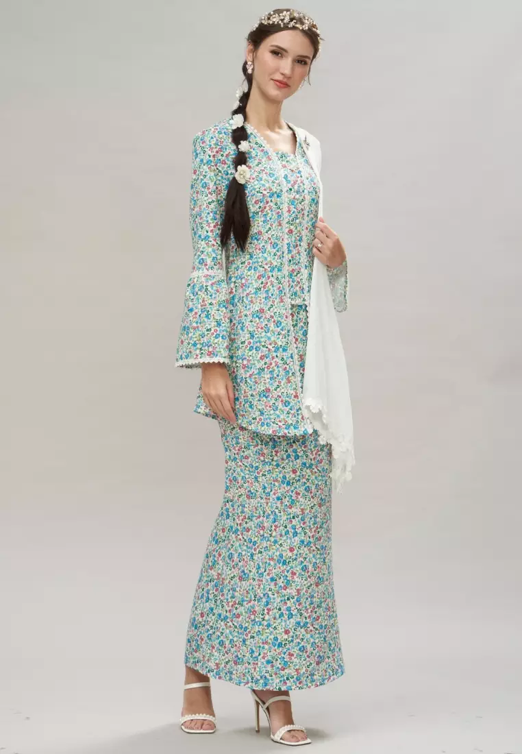 Teal Puff Sleeve Floral Modern Kebaya Kurung Hari Raya