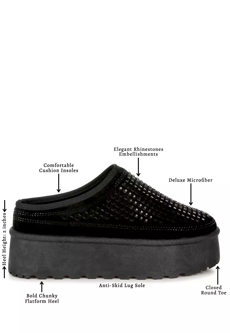 Black Rhinestones Embellished Platform Classic Slip-On