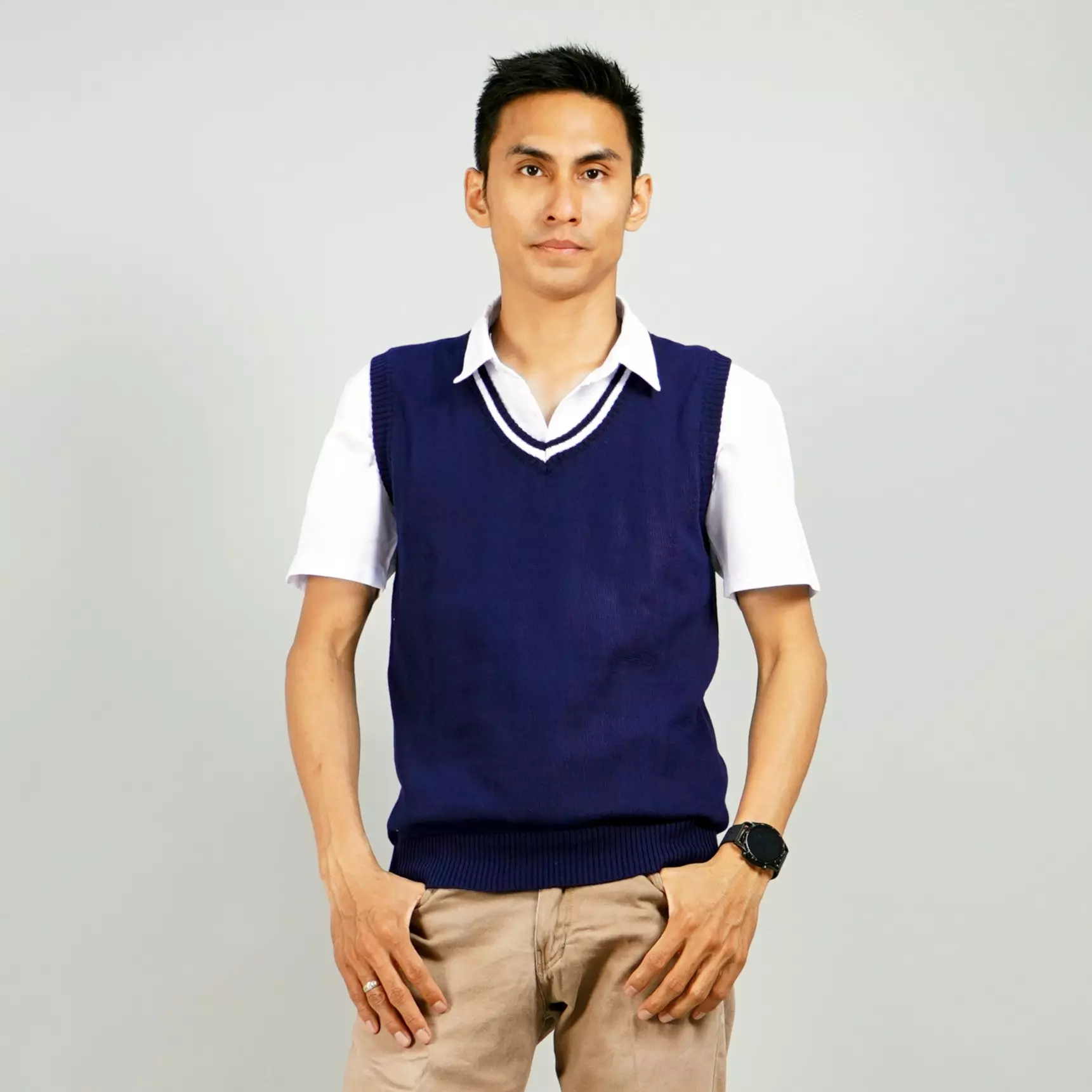 VIJAY Knit Vest Rompi Rajut Rompi Pria Navy Rompi List Leher Rompi Seragam - NAVY