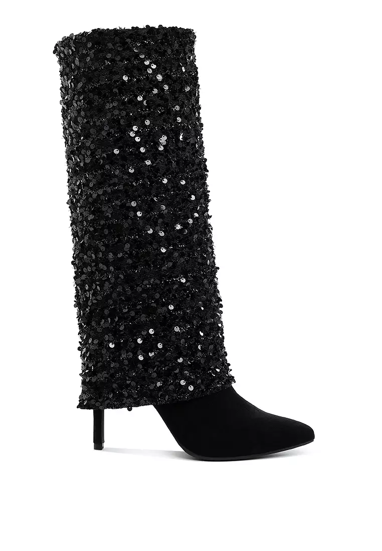 Discount on London Rag  shoes - SKU: Sequinned Fold-Over Calf Boots in Black