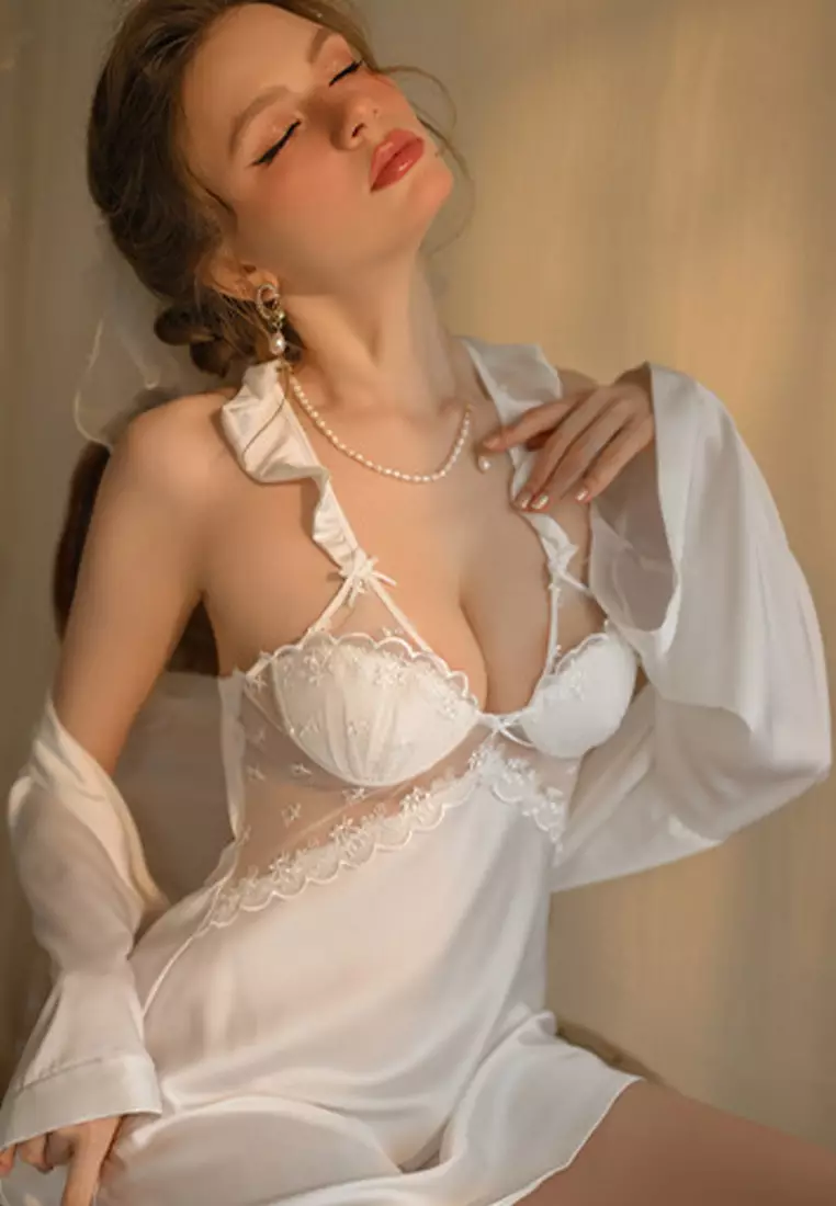 LDD2429 Lady Sexy Lace Sleepwear Two Pieces Set   2 Pieces SetWhite