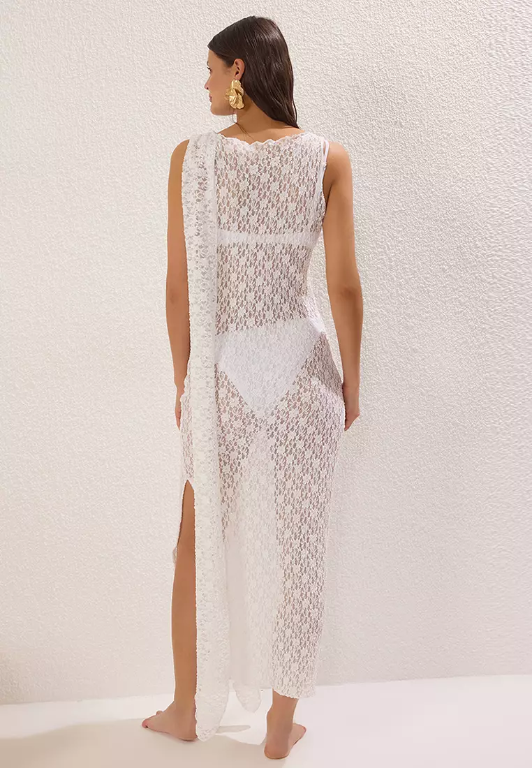 Ecru Maxi Knitted Lace Beach Dress TBESS25EL00089