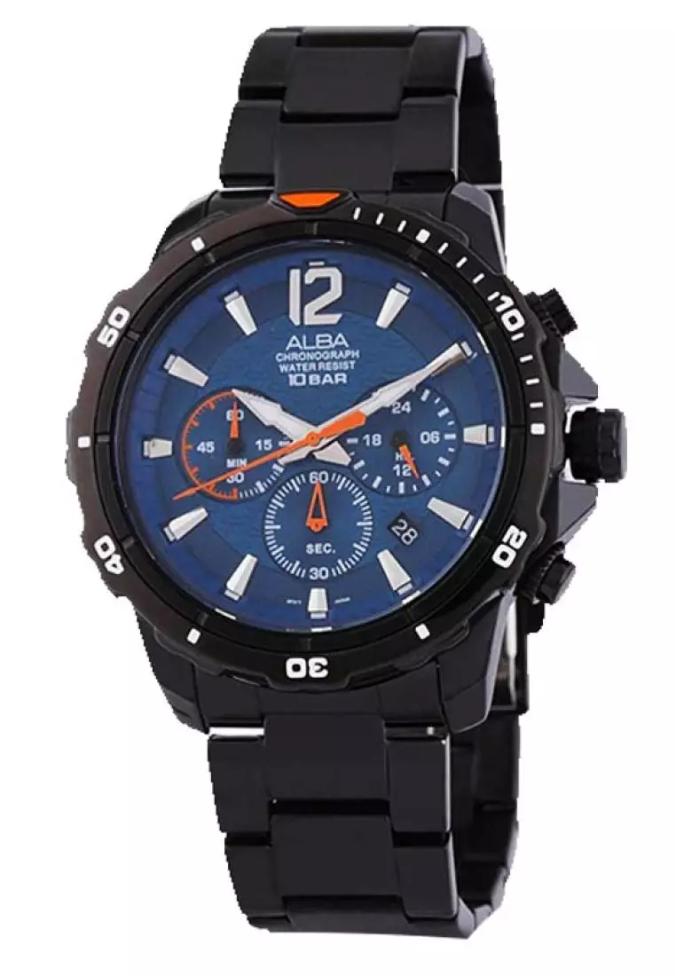 Jam Tangan Pria Alba Original Garansi Resmi AT3C83 AT3C83X1 Strap Stainless Steel Black Chronograph