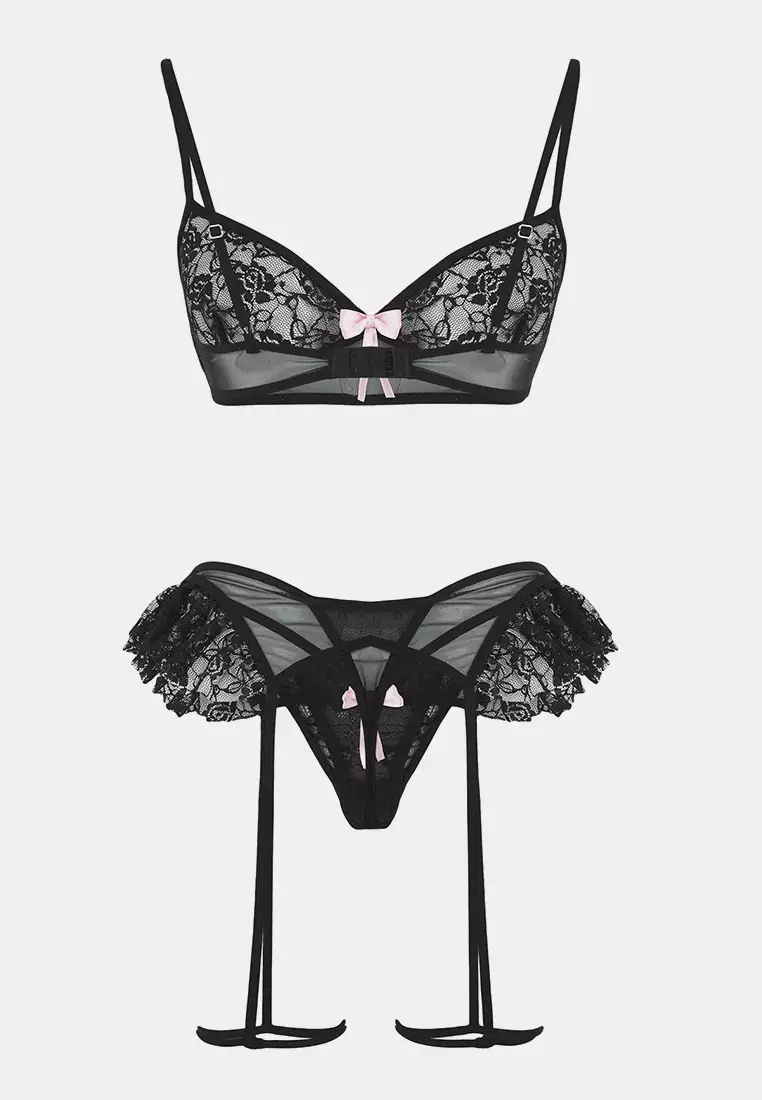 Black Ribbon Detailed Leg Band Ruffle Coverless Lace Fantasy Lingerie Set