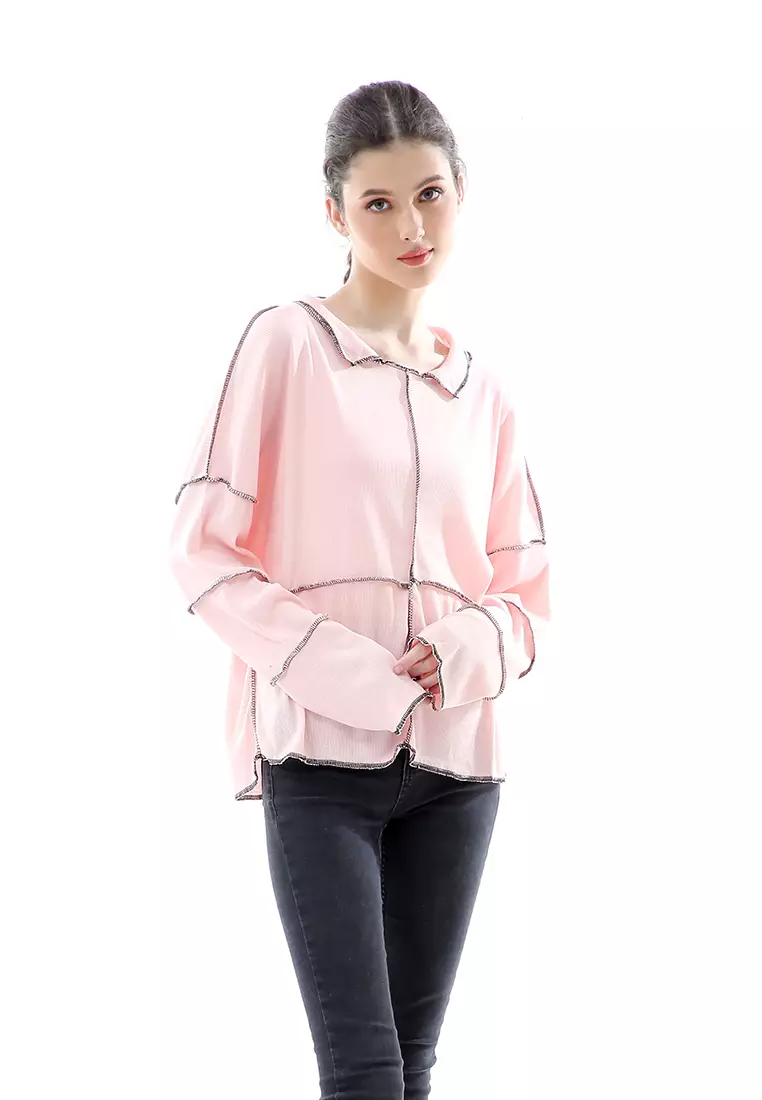 Veronica Blouse Terbalik Relaxed Motif Polos Long Sleeve Premium Quality - Pink