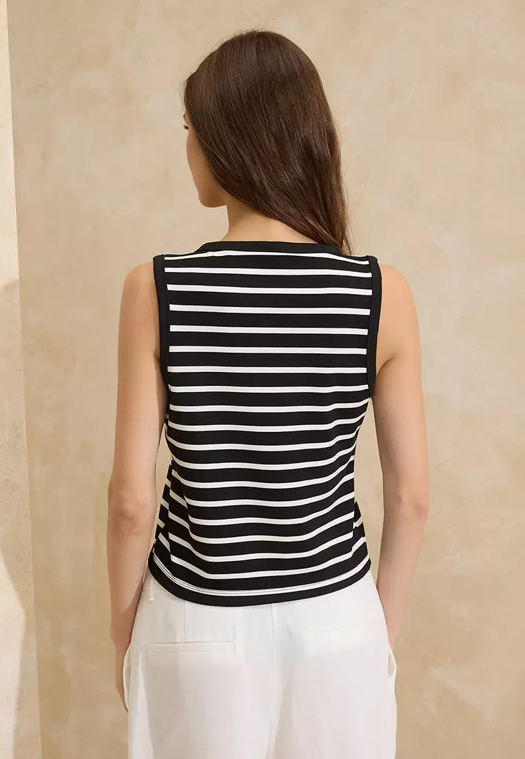 V-Neck Buttoned Sleeveless Interlock Knitted Top