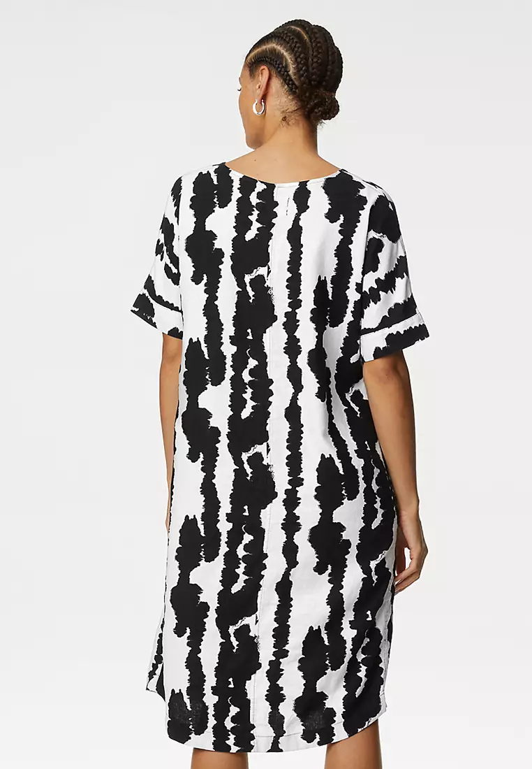 Linen Rich Printed V-Neck Shift Dress
