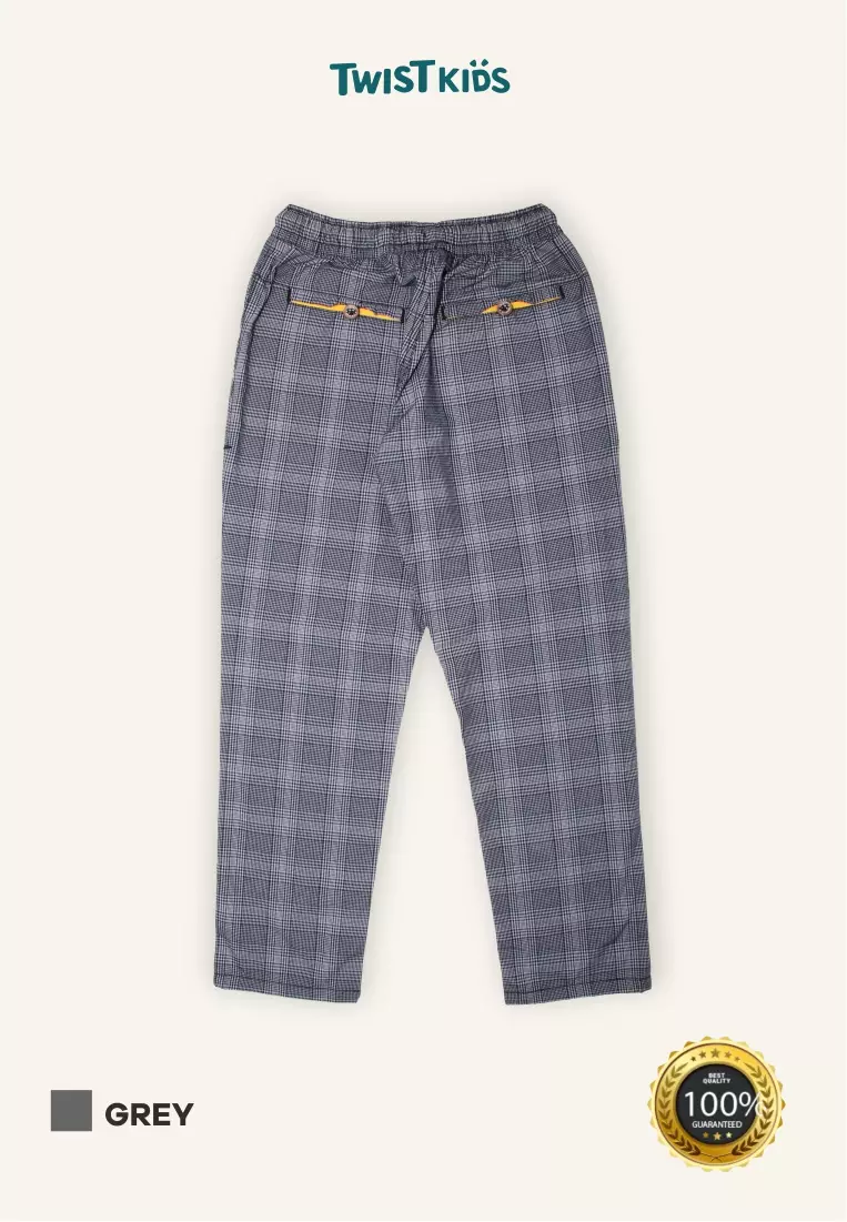 Twist Kids [Official Store] - Cleine C, Bawahan/Celana/Celana Katun Panjang Full Karet Motif Kotak-Kotak Anak Laki-laki (4-14 tahun) Warna Abu-Abu (Grey)