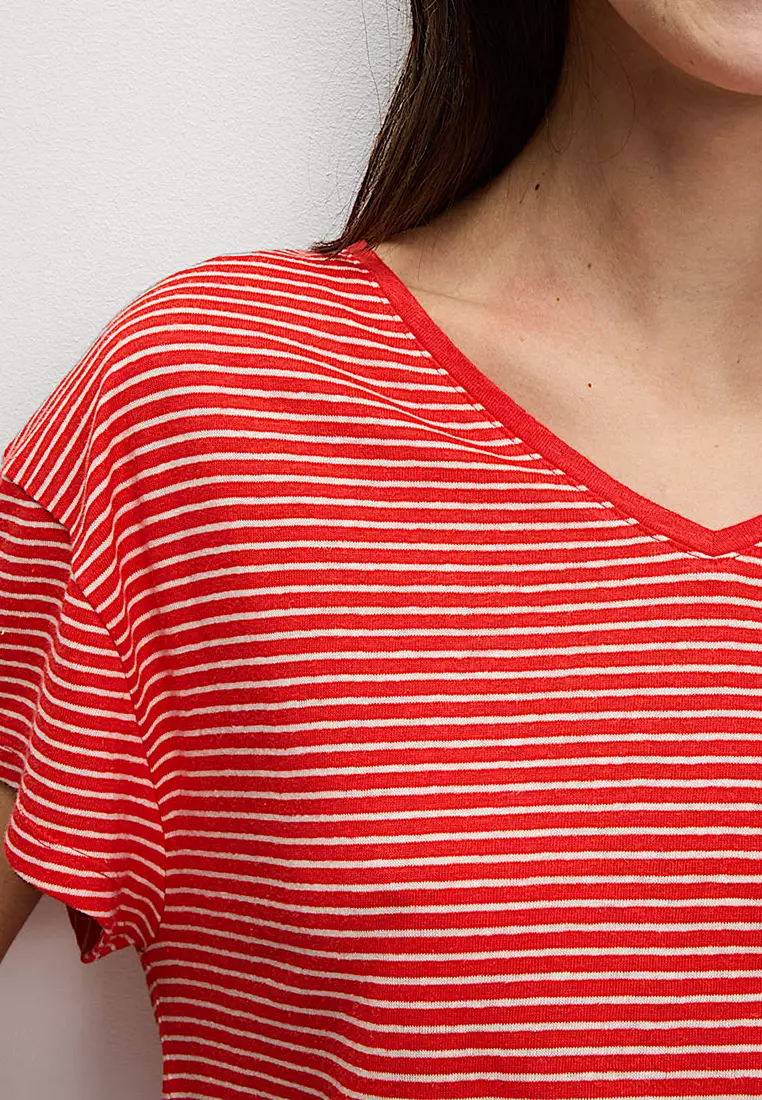Linen Blend Striped V-Neck T-Shirt