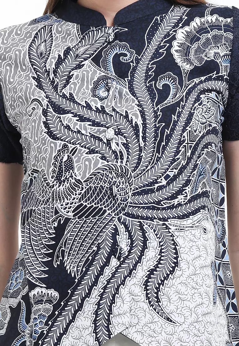 Blouse Atasan Batik Wanita Lengan Pendek Bernanda Navy