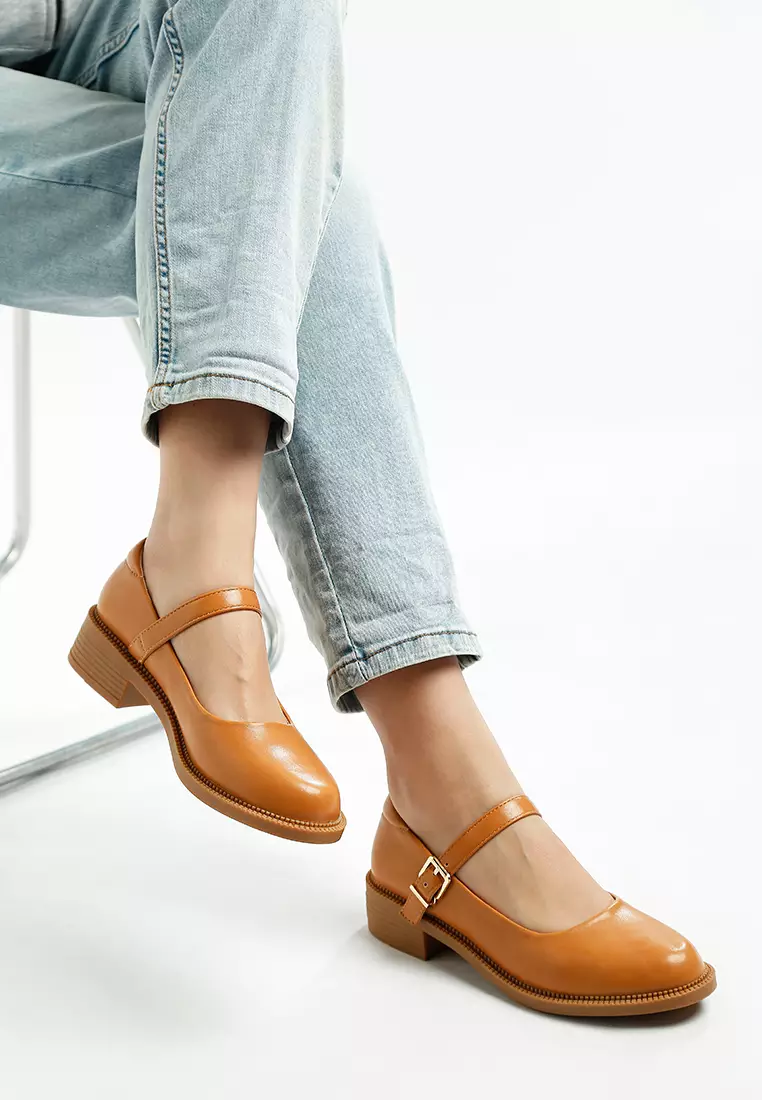 Faux Leather Mary Jane Shoes in Tan