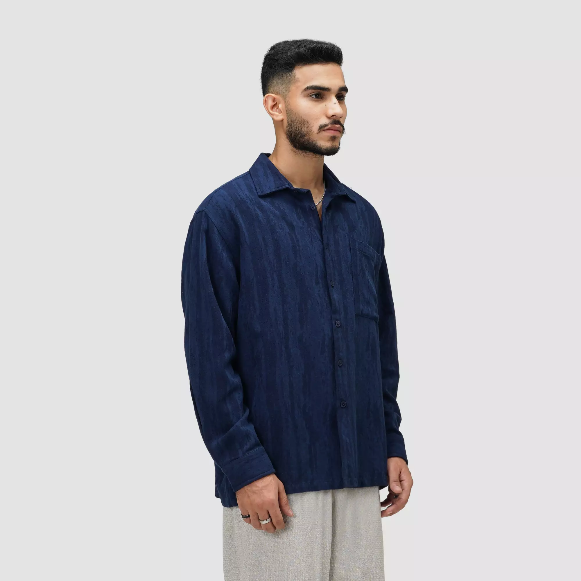 CELCIUS Boxy Button Up Jaquard Kemeja Lengan Panjang I31000487C Navy
