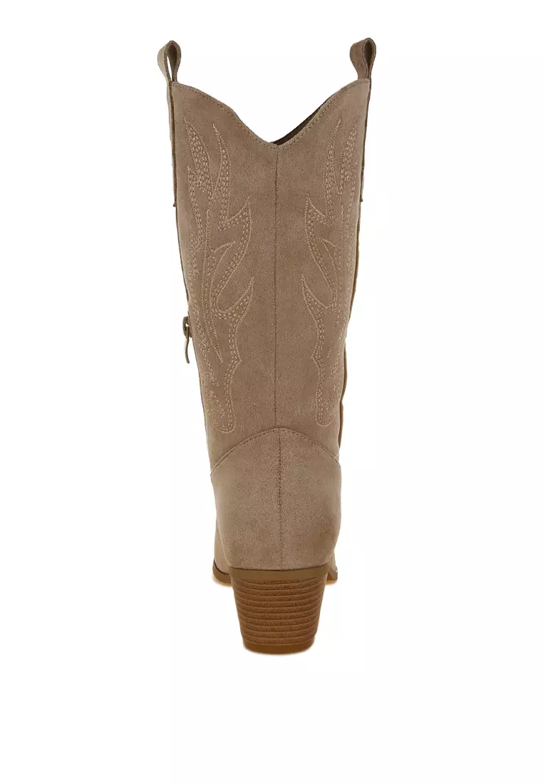 Embroidery Detail Cowboy Boots in Beige
