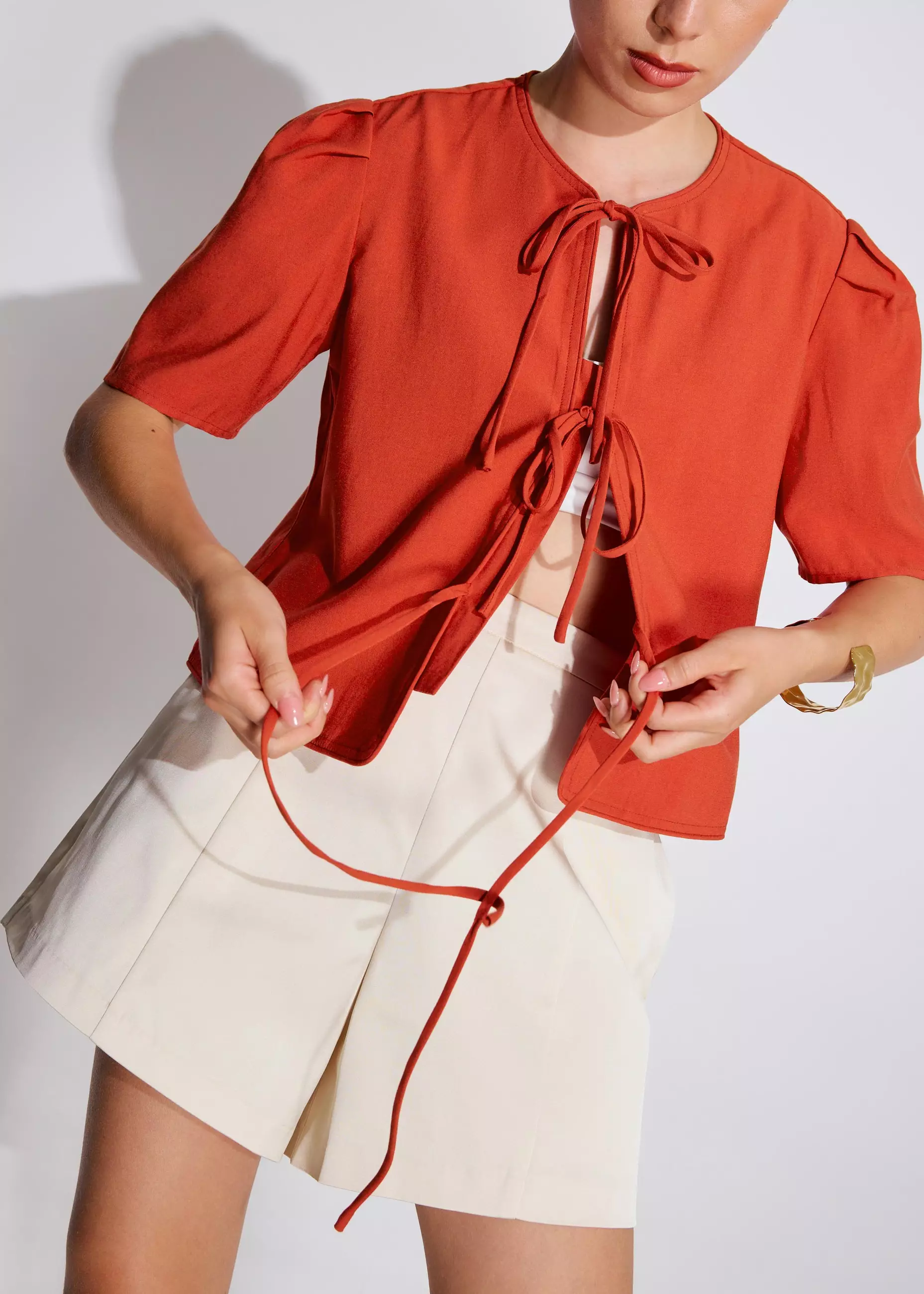Atasan Wanita - Relaxed Cotton Front Tie Puff Sleeve Shell Top