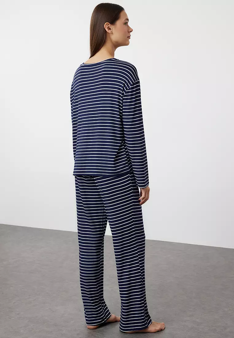 Navy Blue Striped Rainbow Printed Viscose Knitted Pajama Set THMAW25PT00014