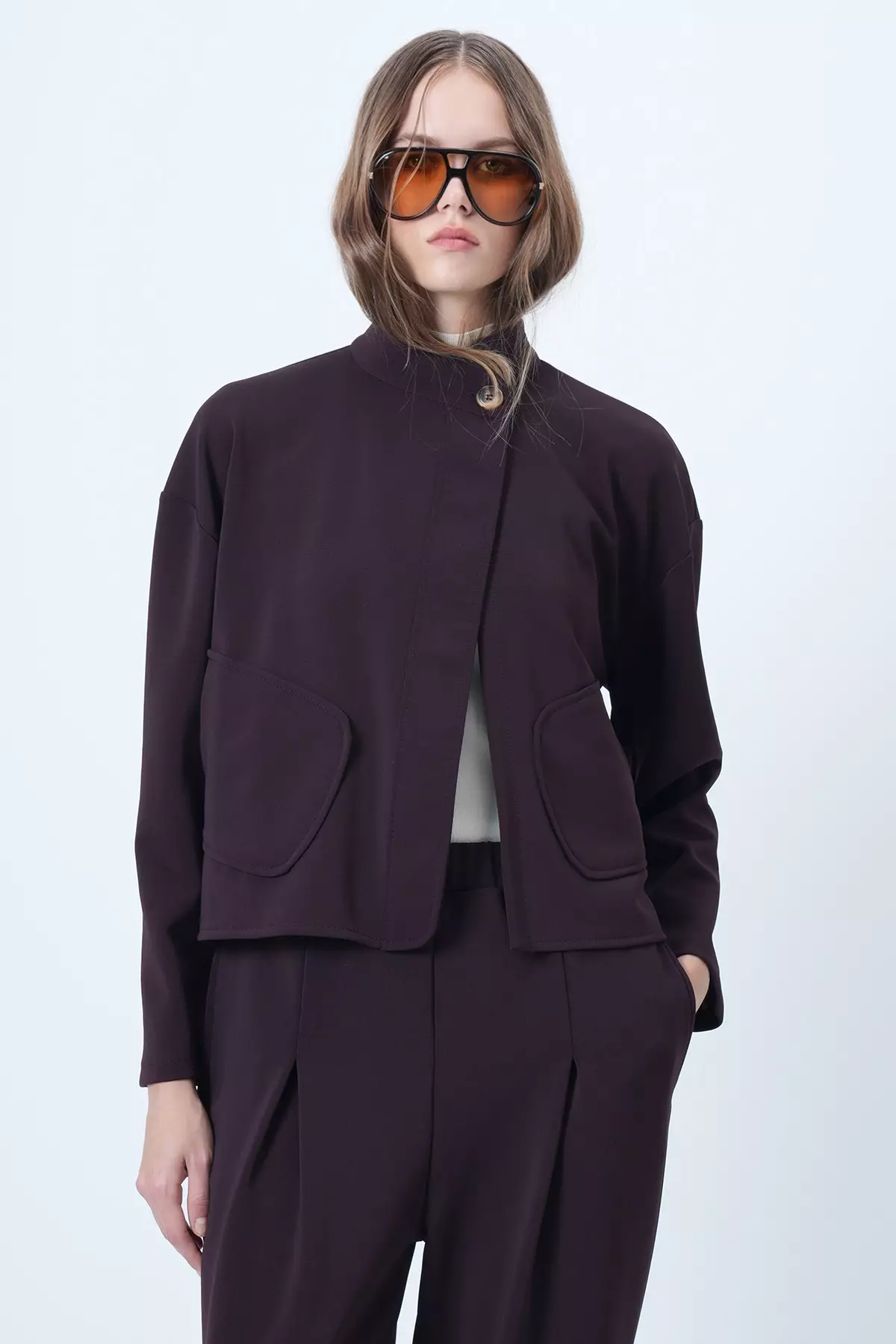 Women'S Plum Judge Collar Poncho Jacket With Pocket Alc-X14421