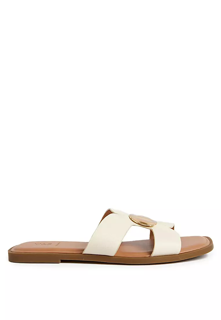 Leather Metal Trim Flat Open Toe Mules