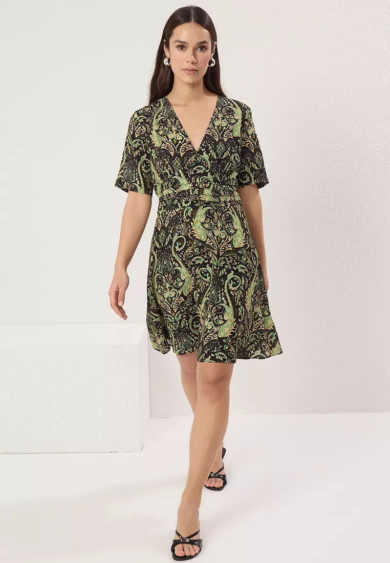Green Floral Mini Woven Dress with Open Waist Skirt TWOSS25EL00251