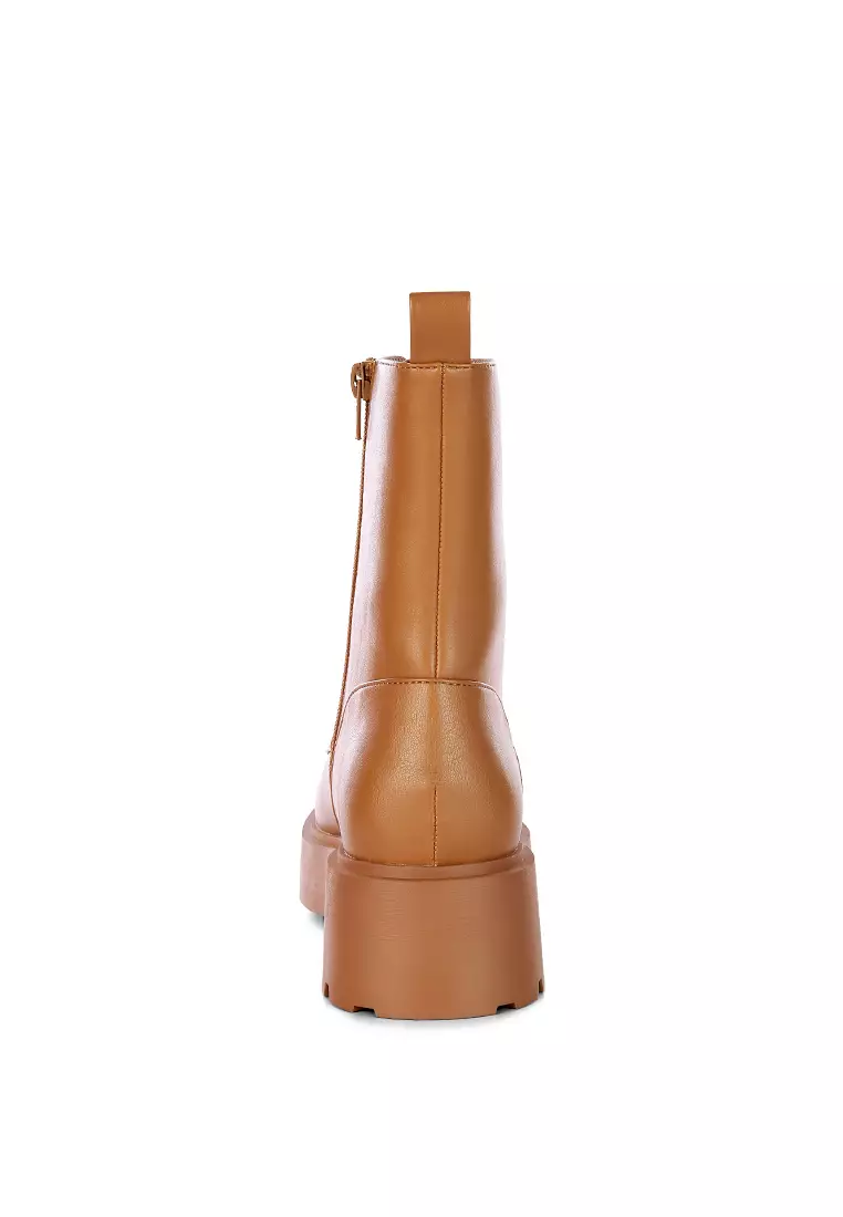 Brown Faux Leather Ankle Biker Boots