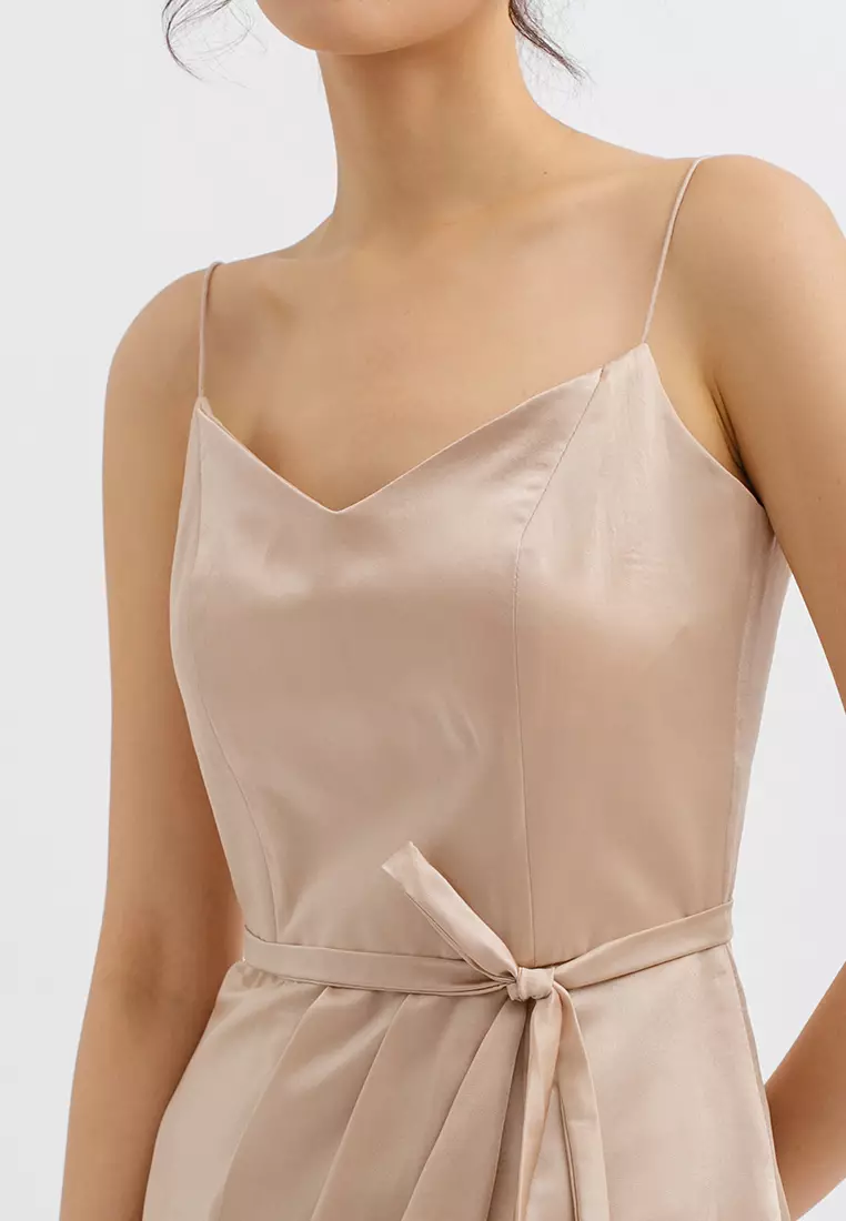 Overlap Tulip V Neck Midi Dress in Gold